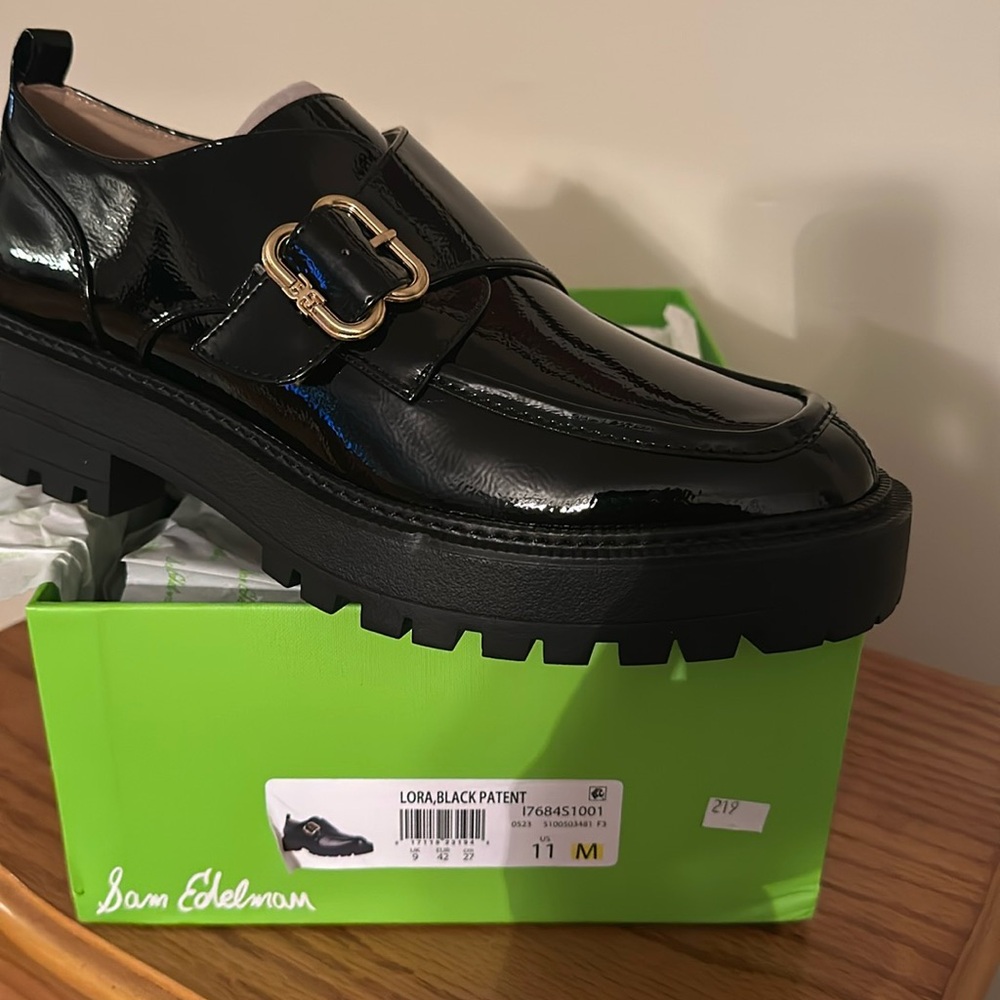 Sam Edelman NIB  Lora Platform Lug Sole Monk Strap Loafers Black Patent size 11